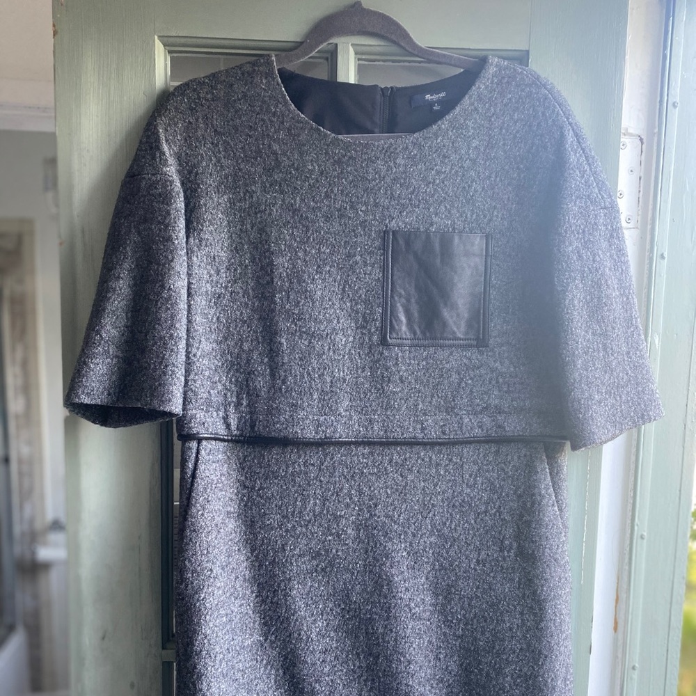 Madewell grey black tweed leather trim dress